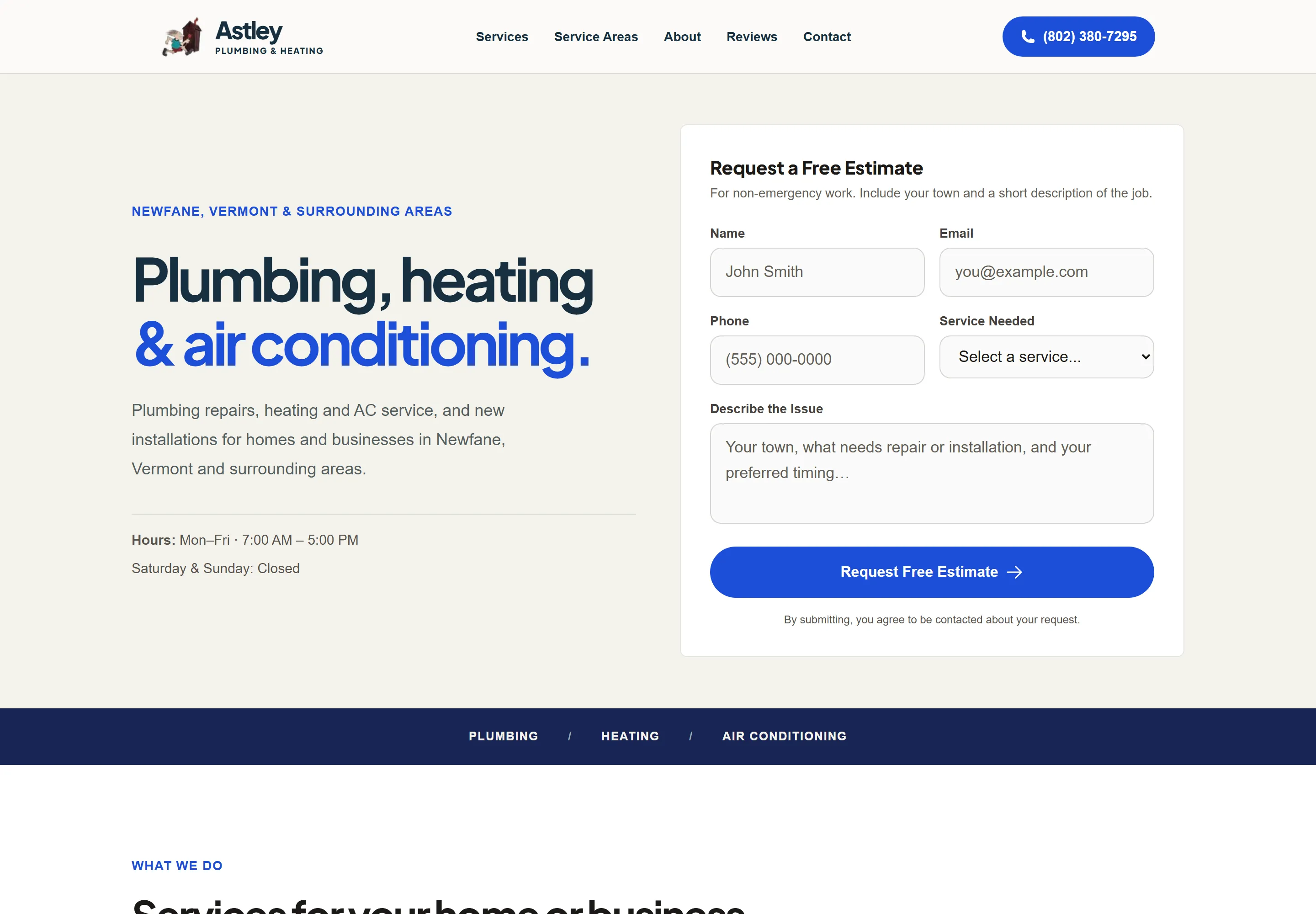 Astley homepage redesign with service information beside an estimate request form